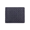 Dark bi-fold leather wallet with repeating R monogram embossing on the front panel.