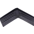 Leather bi-fold wallet open interior showing card slots, black with embossed text.