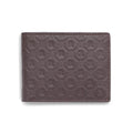 Bi-fold leather wallet in dark brown with repeating R monogram pattern on the front.