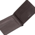Leather bi-fold wallet interior with card slots and stitched edges, brown.