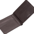 Dark brown leather bi-fold wallet with card slots and fold-out ID window