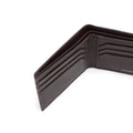 Dark brown leather bi-fold wallet with multiple card slots and stitched interior