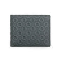 Green leather bi-fold wallet with embossed monogram pattern and contrast stitching