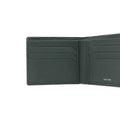 Dark green leather bifold wallet interior card slots with stitched edges