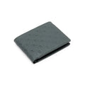 Dark green leather bifold wallet with embossed monogram pattern on front