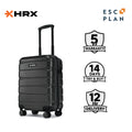 Small cabin suitcase, black hard shell with upright handle and 8 wheels.