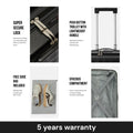 Black cabin trolley close-up with secure lock, plus front compartment and shoe bag