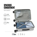 Grey polycarbonate cabin trolley with spacious interior, elastic straps, and 8 wheels