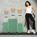 Small cabin suitcase set in green with telescopic handles, wheels, and red trim