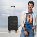 Small cabin suitcase, black hard-shell spinner with 8 wheels and orange accents