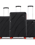 Hard body 3-piece luggage set, black with four red wheels and telescopic handles