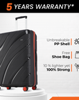 Black hard-shell suitcase with 8 wheels and telescopic handle, shown on stand.