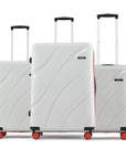Hard body 3-piece luggage set, white with four red wheels and telescopic handles