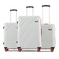 Hard body 3-piece luggage set, white with four red wheels and telescopic handles