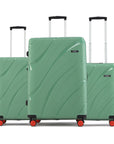 Hard body 3-piece luggage set, green with four red wheels and telescopic handles