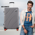 Large check-in suitcase, hard shell, dark grey color, telescopic handle, 8 wheels, red accents