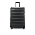 Large check-in suitcase, black hard shell with front panel lines and 4 spinner wheels
