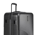 Hard-shell rolling luggage with 8 wheels, black ridged front with logo and upright handle