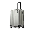 Silver metallic check-in suitcase front angle with ridged shell and caster wheels