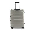 Large check-in suitcase, front view of silver-toned hard shell with extendable handle and wheels