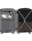 Small cabin suitcase open showing interior compartments, divider straps, and mesh pocket.