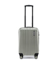 Small cabin suitcase with silver shell, vertical ridges, and 4 corner wheels.