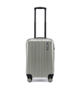 Small cabin suitcase in silver with telescopic handle and front wheels, full front view