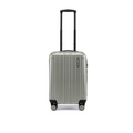 Small cabin suitcase in silver with telescopic handle and front wheels, full front view