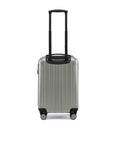 Small cabin suitcase with silver shell and extended trolley handle above corner wheels.