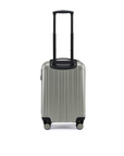 Small cabin suitcase in silver with telescopic handle and wheels, centered front view