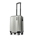 Small cabin suitcase with telescopic handle, silver shell, four corner wheels, 8-wheel design