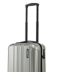 Small cabin suitcase with telescopic handle, silver shell and side latch, 8-wheel design