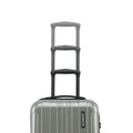 Small cabin suitcase with silver-green shell and extended telescopic handle in three tiers.