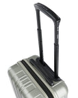 Small cabin suitcase with top handle and black zipper trim on silver body