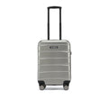 Small cabin suitcase, silver shell with upright handle and 8 wheels.