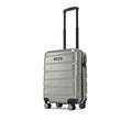 Silver small cabin suitcase with telescopic handle and spinner wheels, side view.