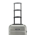 Small cabin suitcase with two upright handles on silver hard shell, front view.