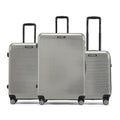 3-piece hard-shell luggage set, 8-wheel design, silver cases shown together