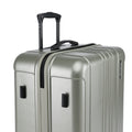 Hard-shell suitcase front with telescopic handle and side straps, 8-wheel base