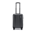 Dark grey rolling suitcase standing upright with telescopic handle and two front feet.