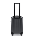 Dark grey small cabin suitcase front view with telescopic handle and four caster wheels