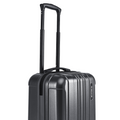 Charcoal grey hard-shell suitcase with upright handle and ribbed exterior panels.