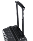 Small cabin suitcase with black shell and side zipper, angled view of trolley handle.