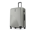 Large check-in suitcase with telescopic handle and 8 wheels, metallic silver-gray side view.