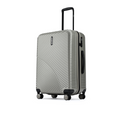 Silver hard-shell suitcase with 8 wheels, black side panel, and telescopic handle