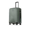 Dark green check-in suitcase side view with ridged texture and spinner wheels