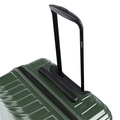 Dark green suitcase top with black carry handle and visible zipper track