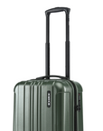 Dark green small cabin suitcase with telescopic handle and branded side panel