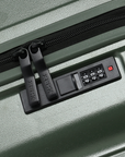 Dark green small cabin suitcase with zipper, carry handle, and side combination lock