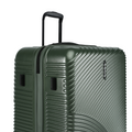 Dark green hard-shell suitcase front with textured ridges and upright handle